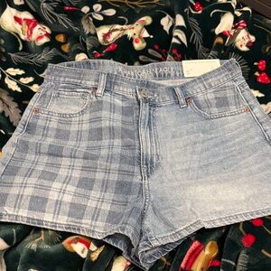 American Eagle Outfitters Light Blue Plaid-Accent High-Rise Denim Shorts
